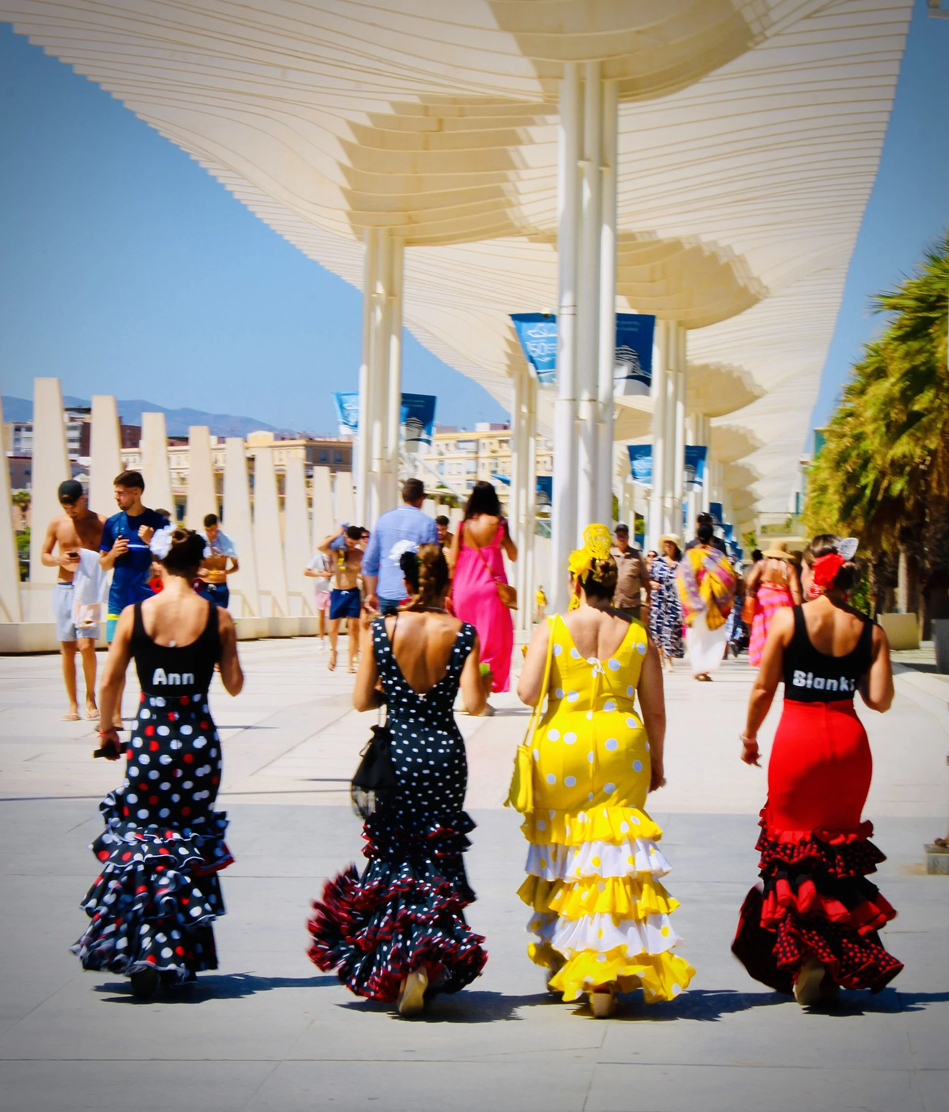 Malaguenas woman in colorful traditional dresses
