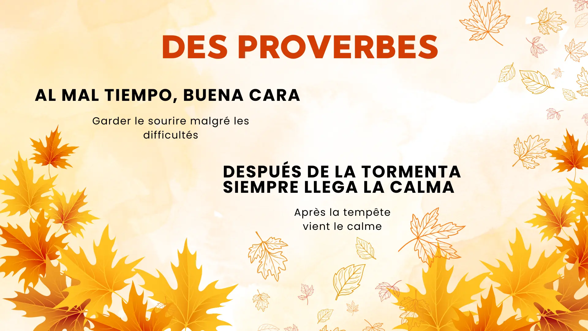 Spanish autumn weather sayings translated to french including “al mal tiempo, buena cara”, “después de la tormenta siempre llega la calma”