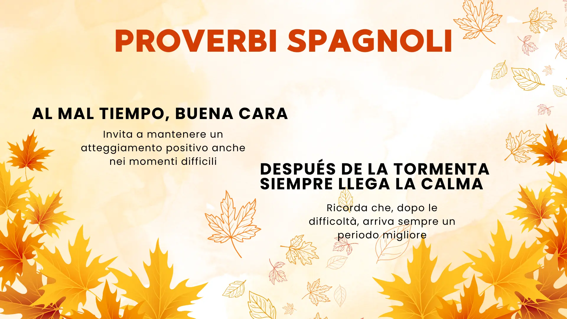 Spanish autumn weather sayings translated to italian including “al mal tiempo, buena cara”, “después de la tormenta siempre llega la calma”